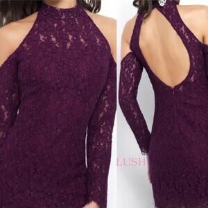 BLACK Alexia Designs Purple Cold Shoulder Illusion Lace Cocktail Dress 0 XS NWOT